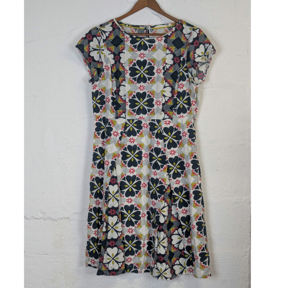 White Stuff Print Dress Womens UK 12 US 8 Retro Skater Twee Floral Pleated Blue